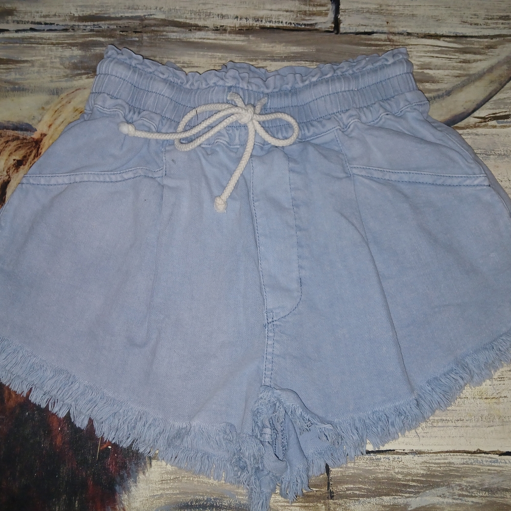 Mustard Seed Light Blue High-Waist Fringe Drawstring Shorts
